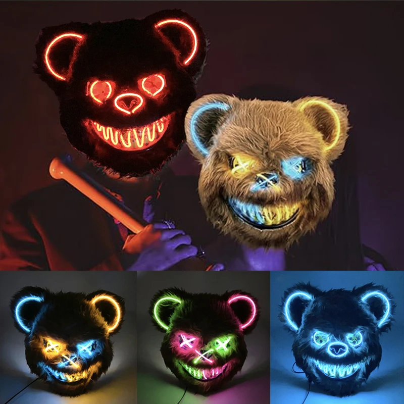 Halloween Light Up Horror Mask Glowing Bloody Bear Killer Mask Flashing Neon Scary Bear Mask for cosplay killer mask Decoration
