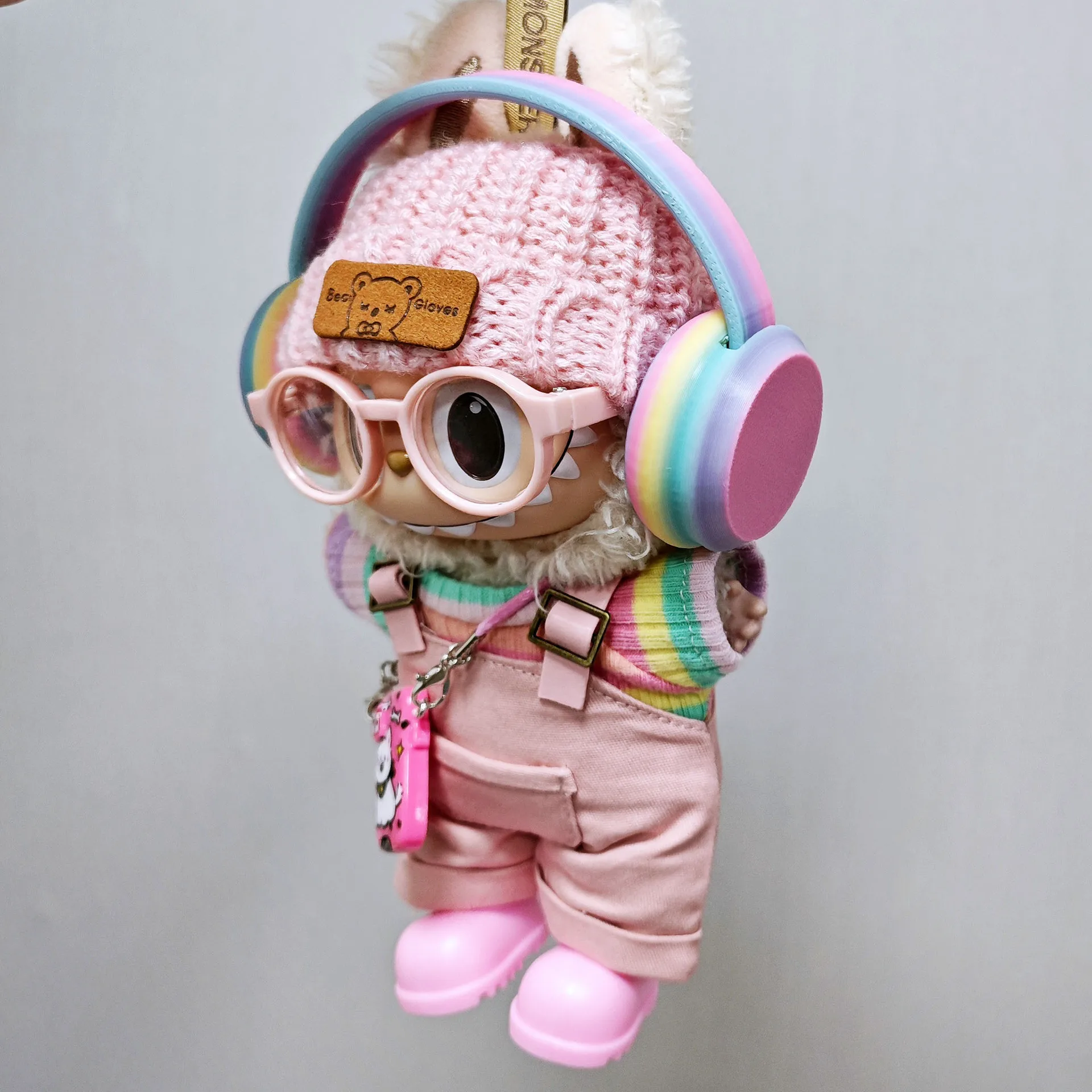 labubu clothes Pink overalls, colorful headphone sets, rainbow-colored pleated skirt clothing, labubu accessories (no dolls) - Image 5