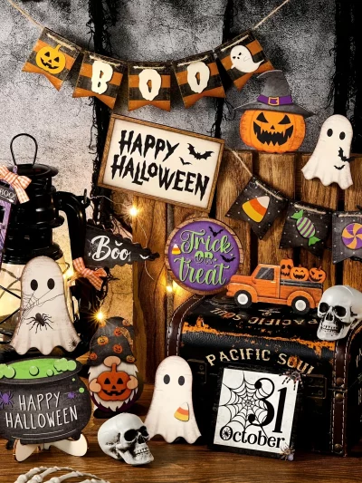21pcs Halloween Tiered Tray Decoration Set – Rustic Wooden Signs & Ornaments, Fall Party Tabletop Decor (Plates Not Included)