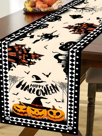 Happy Halloween Table Runner Pumpkin Ghost Cat Table Runner Party Decor Reusable Kitchen Dining Table Runner Halloween Decor