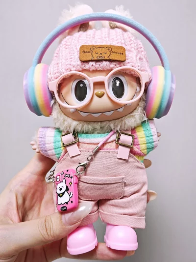 labubu clothes Pink overalls, colorful headphone sets, rainbow-colored pleated skirt clothing, labubu accessories (no dolls)