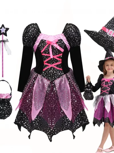 4 Pieces Witch Clothing Set Dress+Hat+Wand+Bag Girls Halloween Wizard Costume 2024 Kid Make up Party Hag Witch Apparel Vestidos