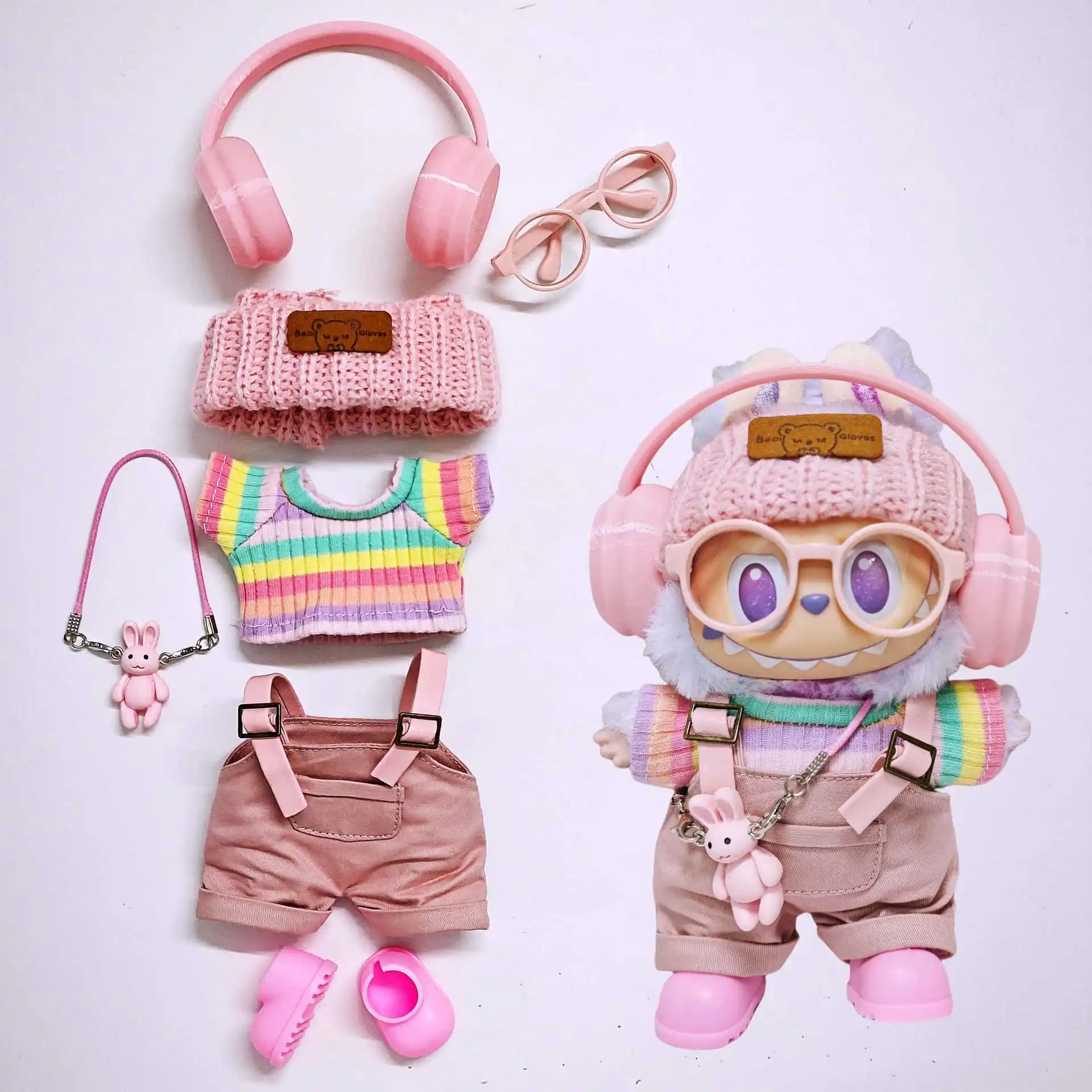 labubu clothes Pink overalls, colorful headphone sets, rainbow-colored pleated skirt clothing, labubu accessories (no dolls) - Image 2