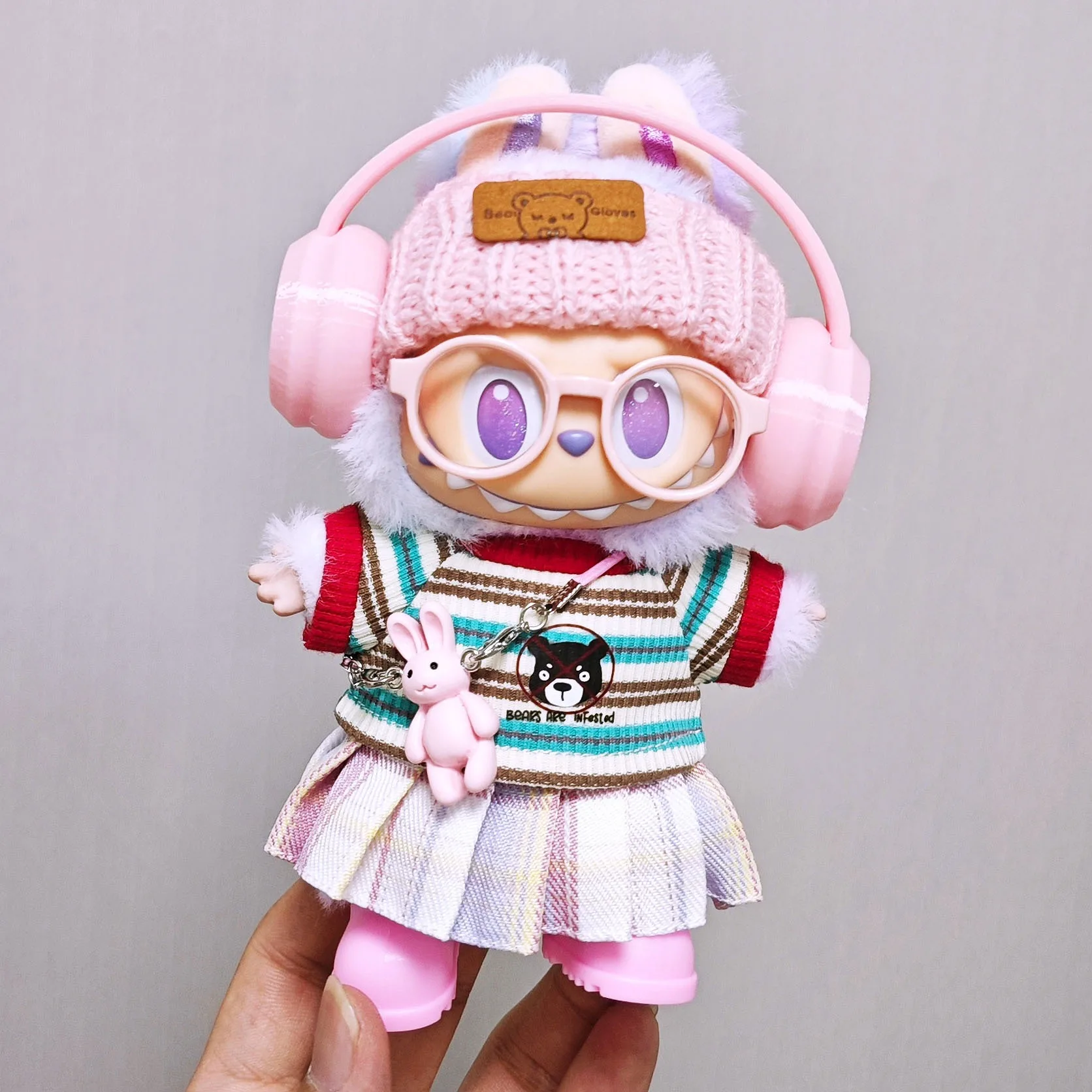 labubu clothes Pink overalls, colorful headphone sets, rainbow-colored pleated skirt clothing, labubu accessories (no dolls) - Image 3