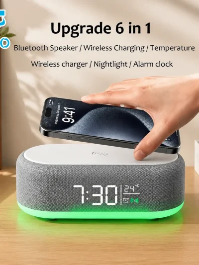MultiFunction Alarm Clock With Bluetooth Speaker Night Light Mobile Phone 15W Fast Charging Station Wireless Charger for Home